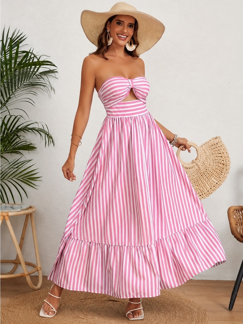 Striped Pink Strapless Maxi Dress with Knot Front